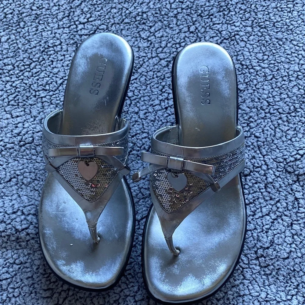 Guess Metallic Silver Sequin Wedge Sandals with Heart Charm